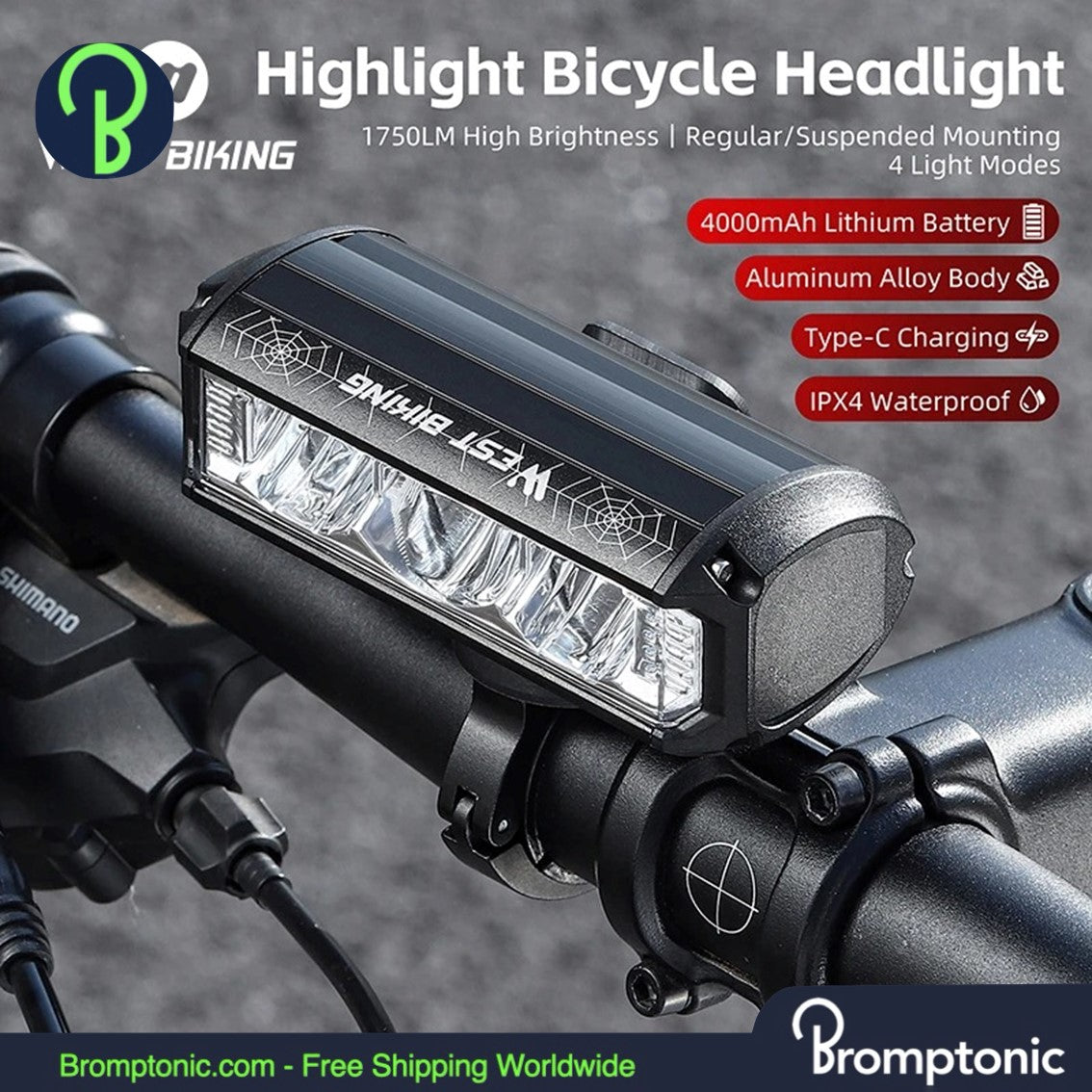 Luce per bicicletta Brompton 1750 lumen a 3 LED - Luce anteriore a manubrio ad ampio raggio